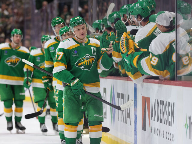 ST. PAUL, MN - NOVEMBER 16: Minnesota Wild left wing Kirill Kaprizov (97) is congratulated after scoring a goal during the NHL game between the Dallas Stars and the Minnesota Wild on November 16th, 2024, at the Xcel Energy Center in St. Paul, MN.