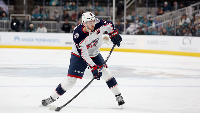 SAN JOSE, CALIFORNIA - NOVEMBER 05: David Jiricek #55 of the Columbus Blue Jackets in action against the San Jose Sharks at SAP Center on November 05, 2024 in San Jose, California.