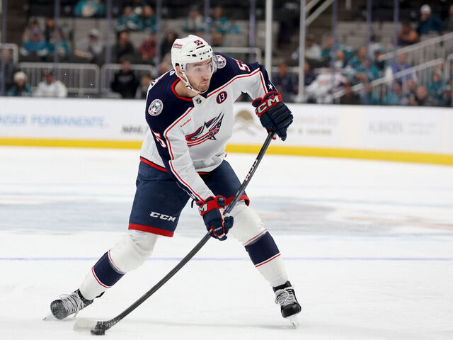 SAN JOSE, CALIFORNIA - NOVEMBER 05: David Jiricek #55 of the Columbus Blue Jackets in action against the San Jose Sharks at SAP Center on November 05, 2024 in San Jose, California.