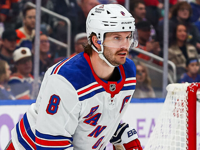 EDMONTON, AB - NOVEMBER 23: New York Rangers Defenceman Jacob Trouba (8) in action in the first period of the Edmonton Oilers game versus the New York Rangers on November 23, 2024 at Rogers Place in Edmonton, AB.