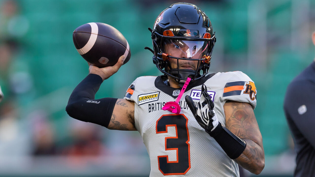 REGINA, CANADA - OCTOBER 12: Vernon Adams Jr. #3 of the BC Lions throws a pass in warm-up before the game between the BC Lions and Saskatchewan Roughriders at Mosaic Stadium on October 12, 2024 in Regina, Canada.