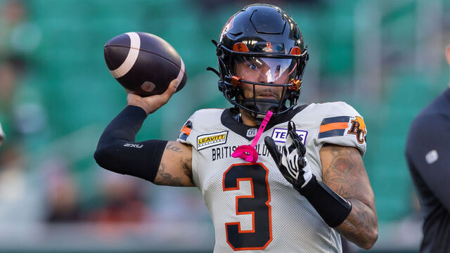 REGINA, CANADA - OCTOBER 12: Vernon Adams Jr. #3 of the BC Lions throws a pass in warm-up before the game between the BC Lions and Saskatchewan Roughriders at Mosaic Stadium on October 12, 2024 in Regina, Canada.