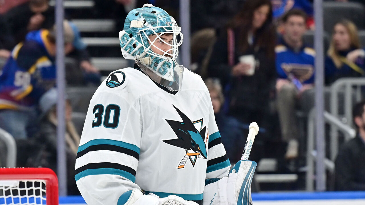 ST. LOUIS, MO - NOVEMBER 21: San Jose Sharks goaltender Yaroslav Askarov (30) as seen during a NHL game between the San Jose Sharks and the St. Louis Blues, on November 21, 2024, at Enterprise Center, St. Louis, MO.