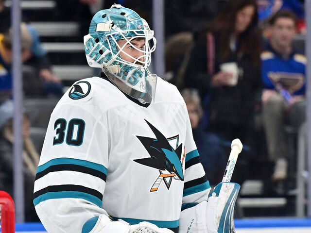 ST. LOUIS, MO - NOVEMBER 21: San Jose Sharks goaltender Yaroslav Askarov (30) as seen during a NHL game between the San Jose Sharks and the St. Louis Blues, on November 21, 2024, at Enterprise Center, St. Louis, MO.