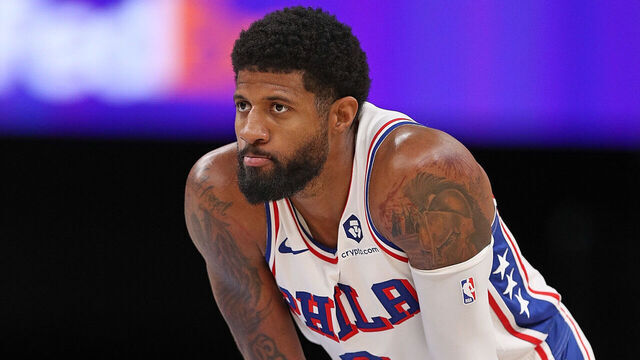 MEMPHIS, TENNESSEE - NOVEMBER 20: Paul George #8 of the Philadelphia 76ers looks on during the game against the Memphis Grizzlies at FedExForum on November 20, 2024 in Memphis, Tennessee.