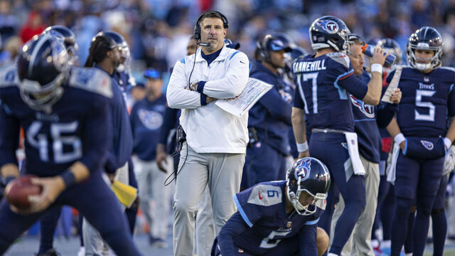 NASHVILLE, TENNESSEE - DECEMBER 12: Head Coach Mike Vrabel of the Tennessee Titans on the sidelines during a game against the Jacksonville Jaguars at Nissan Stadium on December 12, 2021 in Nashville, Tennessee. The Titans defeated the Jaguars 20-0.