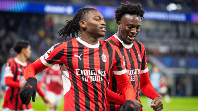 AC Milan's English forward #90 Tammy Abraham and AC Milan's Portuguese forward #10 Rafael Leao celebrate a goal during the UEFA Champions League football match SK Slovan Bratislava vs AC Milan in Bratislava, Slovakia on November 26, 2024.