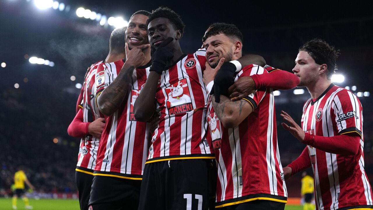 Sheffield United's Jesuran Rak-Sakyi celebrates scoring their side's third goal of the game during the Sky Bet Championship match at Bramall Lane, Sheffield. Picture date: Tuesday November 26, 2024.