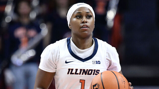 CHAMPAIGN, IL - NOVEMBER 22: Illinois Fighting Illini Guard Genesis Bryant (1) dribbles during the women's college basketball game between the Oregon State Beavers and the Illinois Fighting Illini on November 22, 2024, at State Farm Center in Champaign, Illinois.