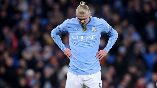 MANCHESTER, ENGLAND - NOVEMBER 26: Erling Haaland of Manchester City looks dejected during the UEFA Champions League 2024/25 League Phase MD5 match between Manchester City and Feyenoord at City of Manchester Stadium on November 26, 2024 in Manchester, England.