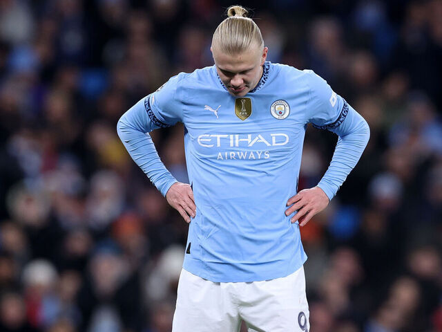 MANCHESTER, ENGLAND - NOVEMBER 26: Erling Haaland of Manchester City looks dejected during the UEFA Champions League 2024/25 League Phase MD5 match between Manchester City and Feyenoord at City of Manchester Stadium on November 26, 2024 in Manchester, England.