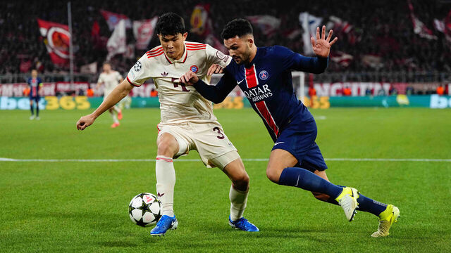 Dayot Upamecano of Bayern Munich and Goncalo Ramos of Paris Saint-Germain battle for the ball during the UEFA Champions League 2024/25 League Phase MD5 match between FC Bayern München and Paris Saint-Germain at Allianz arena, Munich, Germany on November 26, 2024.