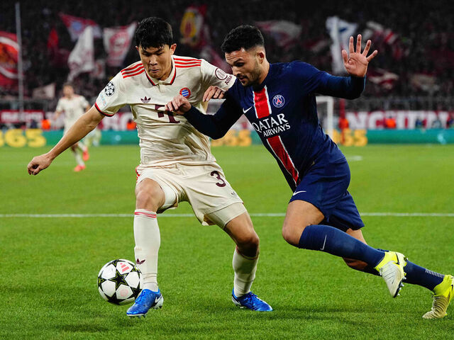 Dayot Upamecano of Bayern Munich and Goncalo Ramos of Paris Saint-Germain battle for the ball during the UEFA Champions League 2024/25 League Phase MD5 match between FC Bayern München and Paris Saint-Germain at Allianz arena, Munich, Germany on November 26, 2024.