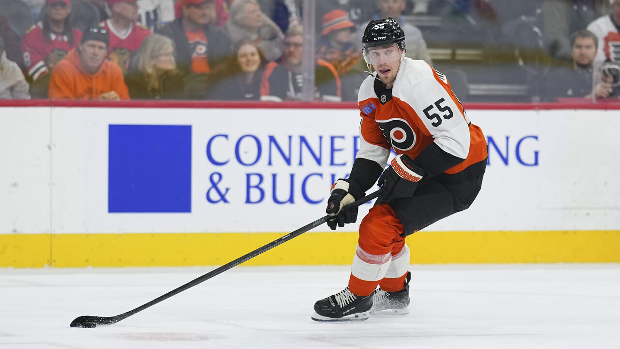 PHILADELPHIA, PENNSYLVANIA - NOVEMBER 23: Rasmus Ristolainen #55 of the Philadelphia Flyers controls the puck against the Chicago Blackhawks at the Wells Fargo Center on November 23, 2024 in Philadelphia, Pennsylvania. The Flyers defeated the Blackhawks 3-2 in overtime.