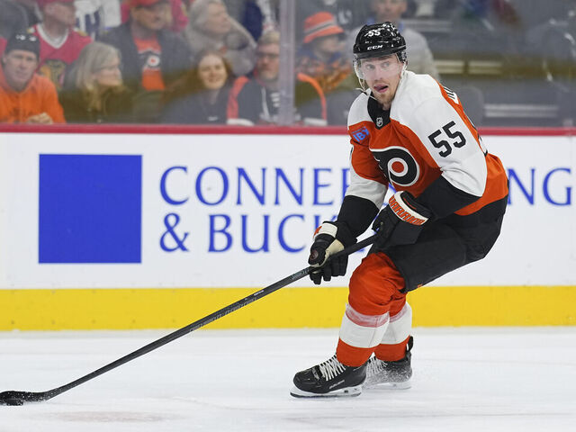PHILADELPHIA, PENNSYLVANIA - NOVEMBER 23: Rasmus Ristolainen #55 of the Philadelphia Flyers controls the puck against the Chicago Blackhawks at the Wells Fargo Center on November 23, 2024 in Philadelphia, Pennsylvania. The Flyers defeated the Blackhawks 3-2 in overtime.