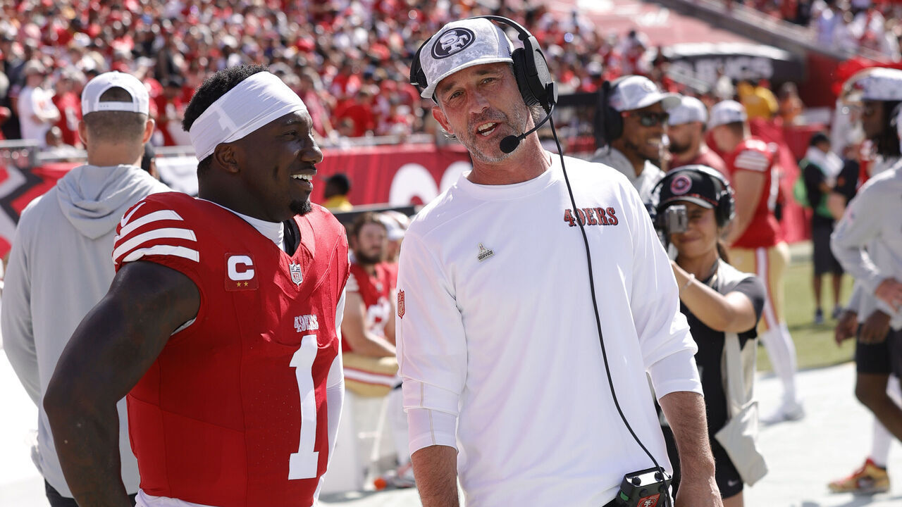 TAMPA, FL - NOVEMBER 10: Deebo Samuel Sr. #1 and Head Coach Kyle Shanahan of the San Francisco 49ers on the sideline before the game against the Tampa Bay Buccaneers at Raymond James Stadium on November 10, 2024 in Tampa, Florida. The 49ers defeated the Buccaneers 23-20.