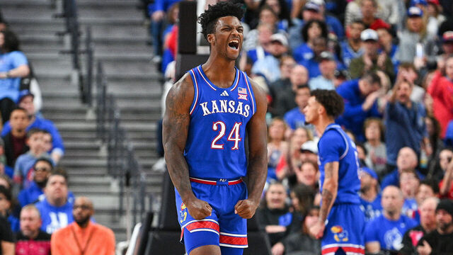 LAS VEGAS, NV - NOVEMBER 26: Kansas Jayhawks forward KJ Adams (24) celebrates during the Terry's Chocolate Vegas Showdown college basketball game between Duke Blue Devils vs Kansas Jayhawks on November 26, 2024 at T-Mobile Arena in Las Vegas, NV.