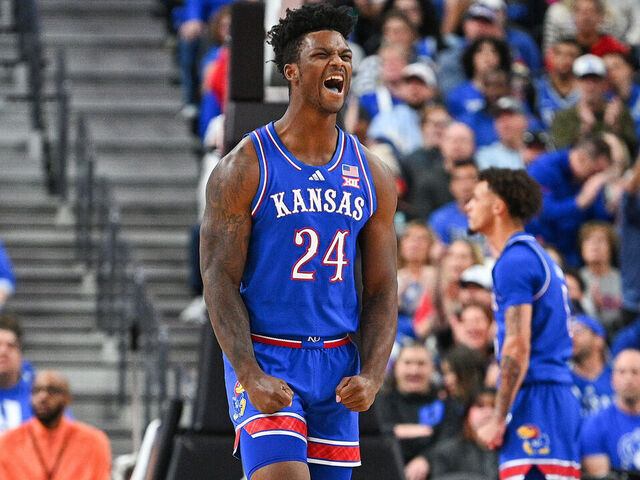 LAS VEGAS, NV - NOVEMBER 26: Kansas Jayhawks forward KJ Adams (24) celebrates during the Terry's Chocolate Vegas Showdown college basketball game between Duke Blue Devils vs Kansas Jayhawks on November 26, 2024 at T-Mobile Arena in Las Vegas, NV.