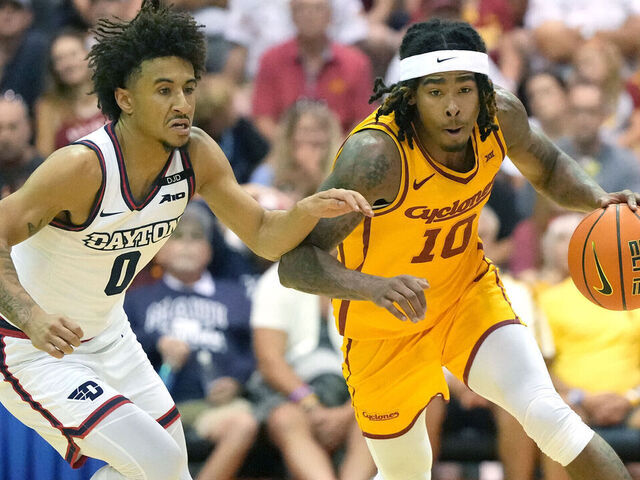 LAHAINA, HI - NOVEMBER 26: Keshon Gilbert #10 of the Iowa State Cyclones dribbles up court past Javon Bennett #0 of the Dayton Flyers in the first half during the Maui Invitational college basketball game at The Lahaina Civic Center on November 26, 2024 in Lahaina, Hawaii.