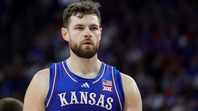 LAS VEGAS, NEVADA - NOVEMBER 26: Hunter Dickinson #1 of the Kansas Jayhawks walks on the court during a break in the first half of a game against the Duke Blue Devils during the Vegas Showdown at T-Mobile Arena on November 26, 2024 in Las Vegas, Nevada. The Jayhawks defeated the Blue Devils 75-72.