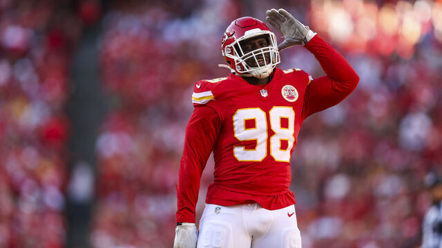 KANSAS CITY, MISSOURI - NOVEMBER 10: Tershawn Wharton #98 of the Kansas City Chiefs reacts during an NFL football game against the Denver Broncos at GEHA Field at Arrowhead Stadium on November 10, 2024 in Kansas City, Missouri.