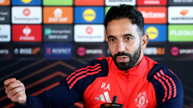 MANCHESTER, ENGLAND - NOVEMBER 27: Ruben Amorim, Manager of Manchester United, speaks to the media during the UEFA Europa League 2024/25 League Phase MD5 press conference at Carrington Training Ground on November 27, 2024 in Manchester, England.