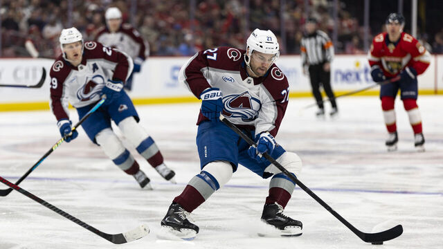 SUNRISE, FL - NOVEMBER 23: Colorado Avalanche left wing Jonathan Drouin (27) skates during the first period of a game against the Florida Panthers on November 23, 2024, at the Amerant Bank Arena in Sunrise, Florida.