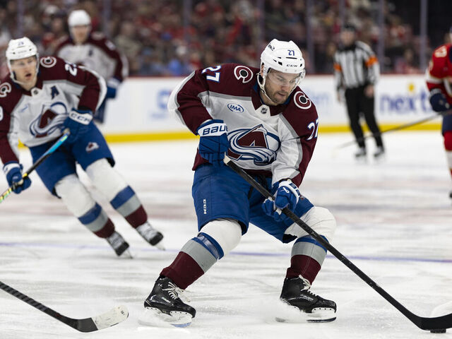 SUNRISE, FL - NOVEMBER 23: Colorado Avalanche left wing Jonathan Drouin (27) skates during the first period of a game against the Florida Panthers on November 23, 2024, at the Amerant Bank Arena in Sunrise, Florida.