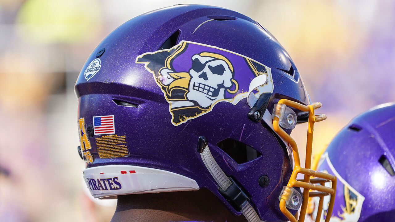 GREENVILLE, NC - SEPTEMBER 29: East Carolina Pirates defensive end Chance Purvis (46) wears the Carolina's One State helmet after Hurricane Florence during a game between the Old Dominion Monarchs and the East Carolina Pirates at Dowdy-Ficklen Stadium in Greenville NC on September 29, 2018.