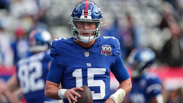 EAST RUTHERFORD, NEW JERSEY - NOVEMBER 24: Tommy DeVito #15 of the New York Giants warms up prior to the game against the Tampa Bay Buccaneers at MetLife Stadium on November 24, 2024 in East Rutherford, New Jersey.