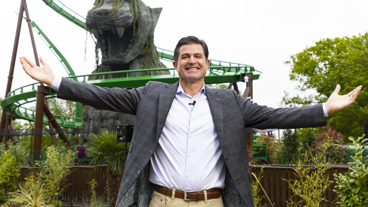 Scott O'Neil chief executive of Merlin entertainments arriving for the launch of the new themed land, World of Jumanji, at Chessington World of Adventures Resort, south west London, which opens to the public on Monday. Picture date: Saturday May 13, 2023.