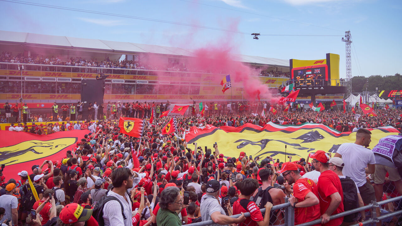 Ferrari fans stand under the podium during the Formula 1 Pirelli Gran Premio d'Italia 2024 in Monza, Italy, on September 1, 2024.