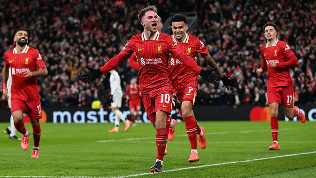 LIVERPOOL, ENGLAND - NOVEMBER 27: (THE SUN OUT, THE SUN ON SUNDAY OUT) Alexis Mac Allister of Liverpool celebrating after scoring the opening goal during the UEFA Champions League 2024/25 League Phase MD5 match between Liverpool FC and Real Madrid C.F. at Anfield on November 27, 2024 in Liverpool, England.