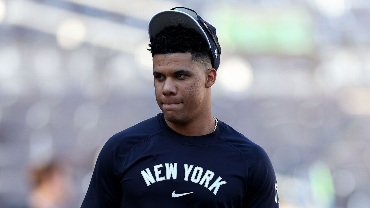 NEW YORK, NEW YORK - OCTOBER 05: Juan Soto #22 of the New York Yankees stands near the cage during batting practice before Game One of the Division Series at Yankee Stadium on October 05, 2024 in New York City.