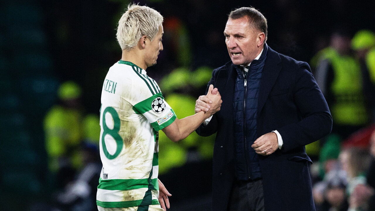 GLASGOW, SCOTLAND - NOVEMBER 27: Celtic Manager Brendan Rodgers and Daizen Maeda during a UEFA Champions League 2024/25 League Phase MD5 match between Celtic and Club Brugge at Celtic Park, on November 27, 2024, in Glasgow, Scotland.