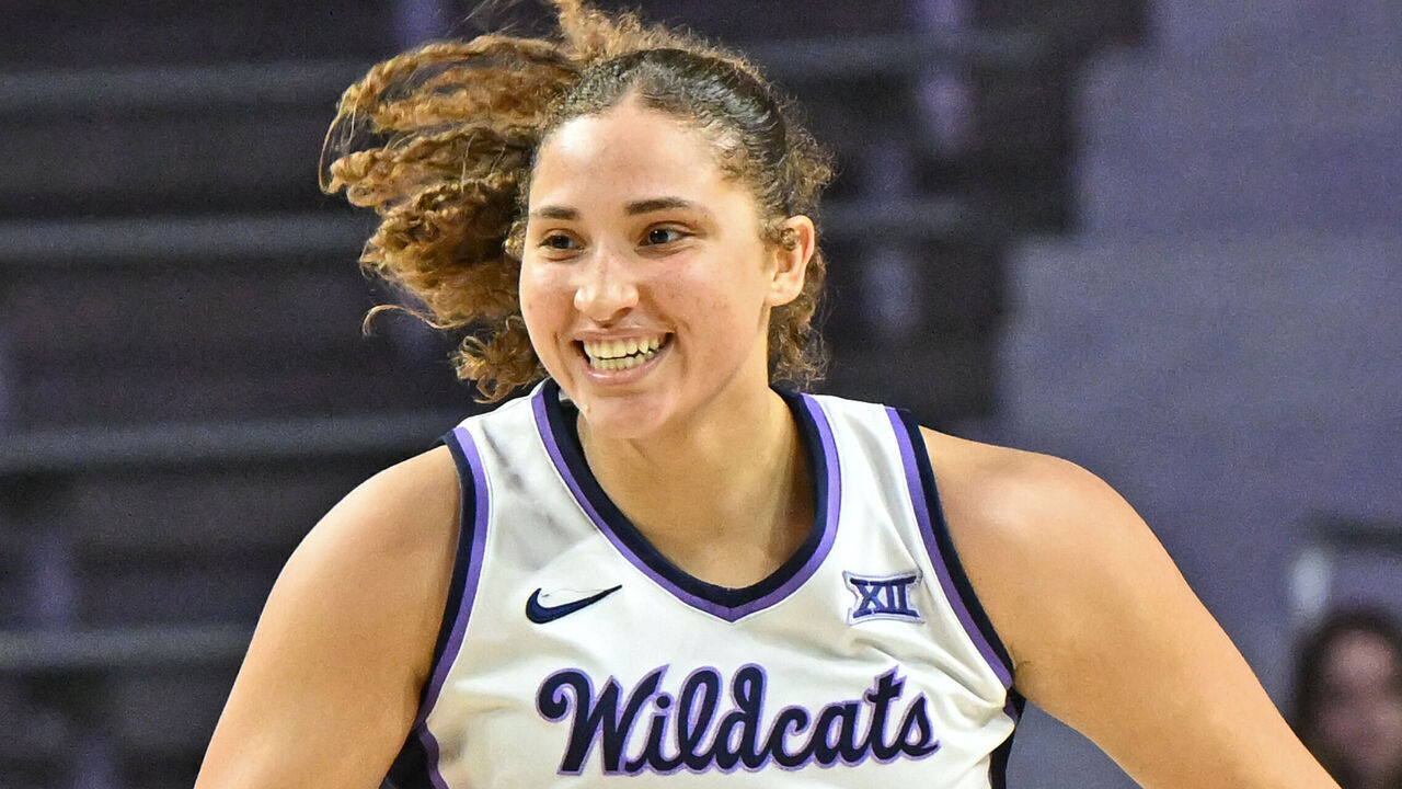 MANHATTAN, KS - NOVEMBER 18: Ayoka Lee #50 of the Kansas State Wildcats reacts after scoring a basket in the first half against the Little Rock Trojans at Bramlage Coliseum on November 18, 2024 in Manhattan, Kansas.
