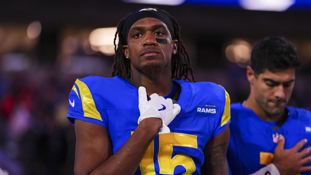 INGLEWOOD, CA - NOVEMBER 11: Demarcus Robinson #15 of the Los Angeles Rams looks on from the sideline prior to an NFL football game against the Miami Dolphins at SoFi Stadium on November 11, 2024 in Inglewood, California.