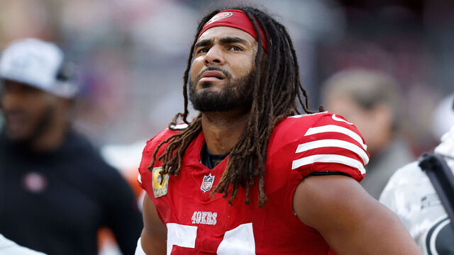 SANTA CLARA, CALIFORNIA - NOVEMBER 17: Fred Warner #54 of the San Francisco 49ers looks on from the sideline in the fourth quarter against the Seattle Seahawks at Levi's Stadium on November 17, 2024 in Santa Clara, California.