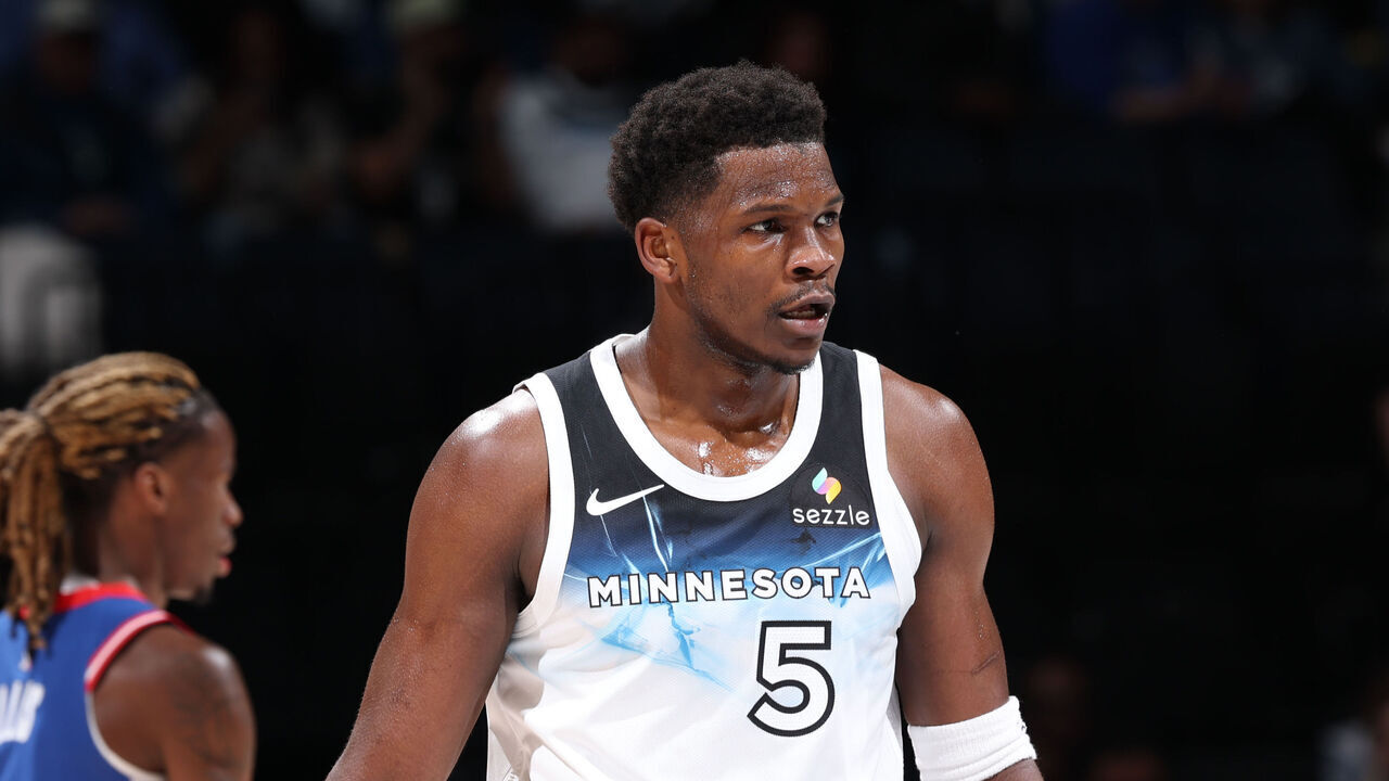 MINNEAPOLIS, MN - NOVEMBER 27: Anthony Edwards #5 of the Minnesota Timberwolves looks on during the game against the Sacramento Kings on November 27, 2024 at Target Center in Minneapolis, Minnesota. Mandatory Copyright Notice: Copyright 2024 NBAE
