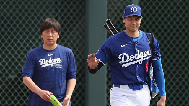 GLENDALE, ARIZONA - FEBRUARY 27: Shohei Ohtani #17 of the Los Angeles Dodgers and interpreter Ippei Mizuhara arrive to a game against the Chicago White Sox at Camelback Ranch on February 27, 2024 in Glendale, Arizona.