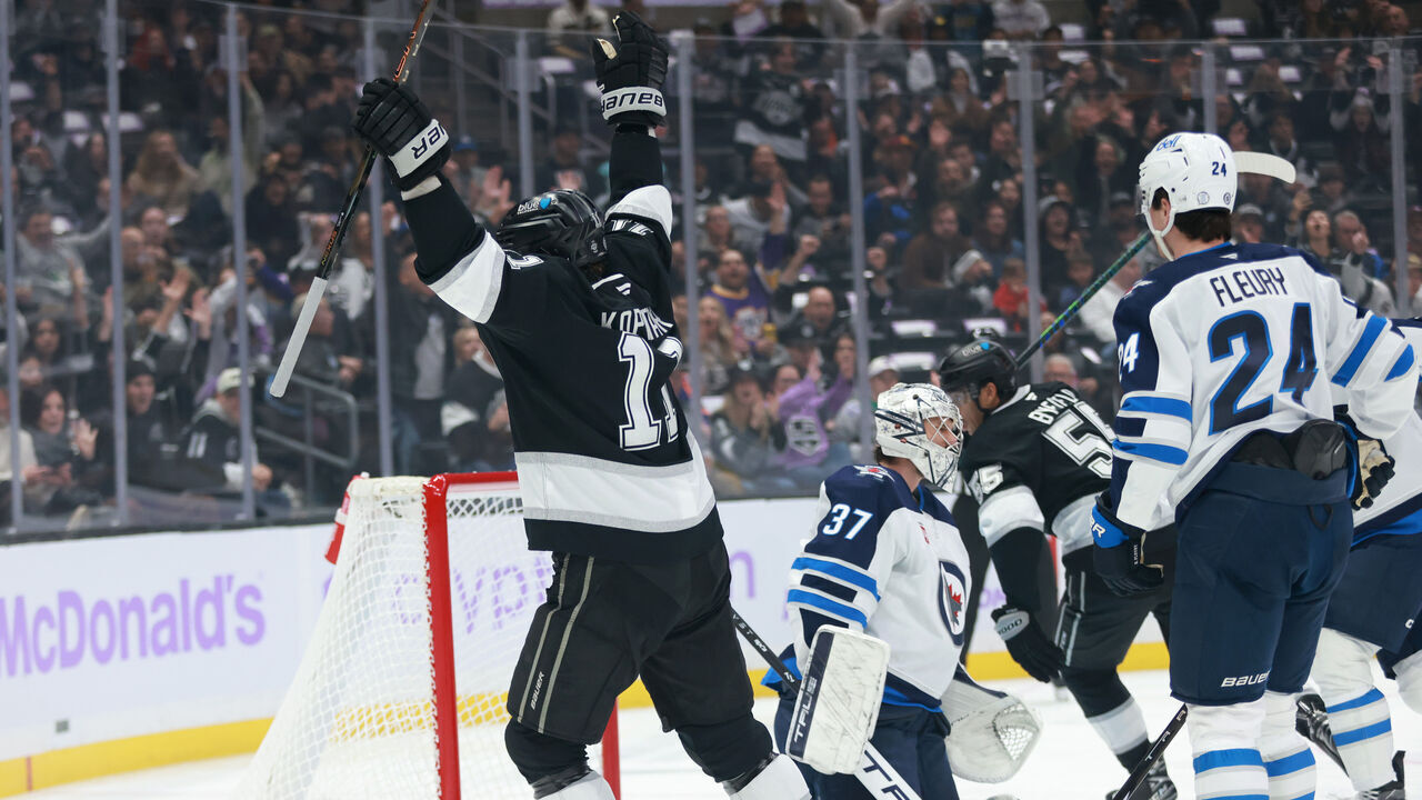 LOS ANGELES, CALIFORNIA - NOVEMBER 27: Anze Kopitar #11 of the Los Angeles Kings celebrates scoring a goal in the first period during the game against the Winnipeg Jets at Crypto.com Arena on November 27, 2024 in Los Angeles, California.