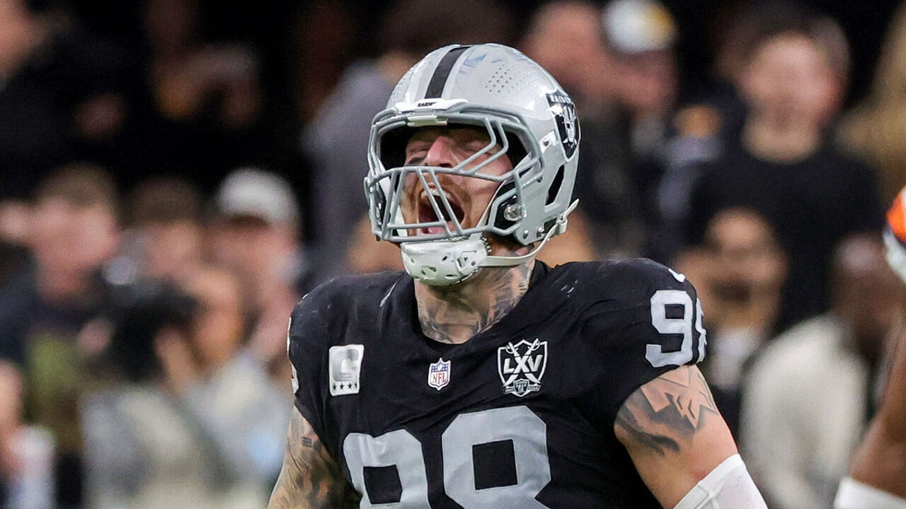 LAS VEGAS, NEVADA - NOVEMBER 24: Maxx Crosby #98 of the Las Vegas Raiders celebrates after making a tackle for a 3-yard loss against the Denver Broncos in the second quarter of their game at Allegiant Stadium on November 24, 2024 in Las Vegas, Nevada. The Broncos defeated the Raiders 29-19.