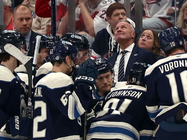 COLUMBUS, OHIO - NOVEMBER 23: Head coach Dean Evason of the Columbus Blue Jackets looks up the video board during the game against the Carolina Hurricanes at Nationwide Arena on November 23, 2024 in Columbus, Ohio. Columbus defeated Carolina 5-4 in a shootout.