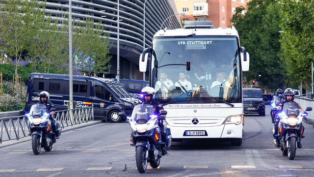 MADRID, SPAIN - SEPTEMBER 17: General view of the VfB Stuttgart bus arriving at the stadium during the UEFA Champions League 2024/25 League Phase MD1 match between Real Madrid CF and VfB Stuttgart at Estadio Santiago Bernabeu on September 17, 2024 in Madrid, Spain.