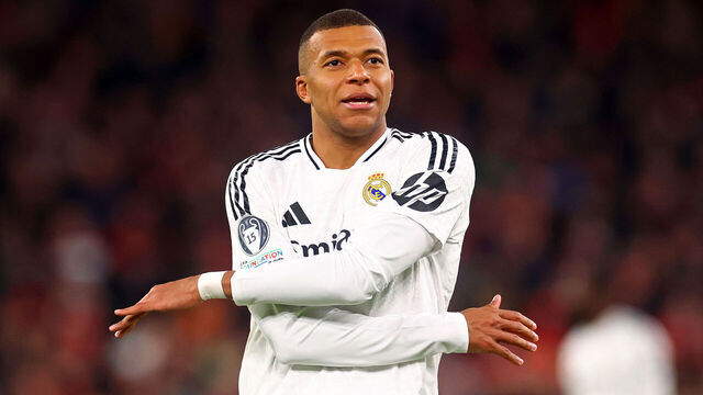 LIVERPOOL, ENGLAND - NOVEMBER 27: Kylian Mbappe of Real Madrid reacts after missing a penalty during the UEFA Champions League 2024/25 League Phase MD5 match between Liverpool FC and Real Madrid C.F. at Anfield on November 27, 2024 in Liverpool, England.