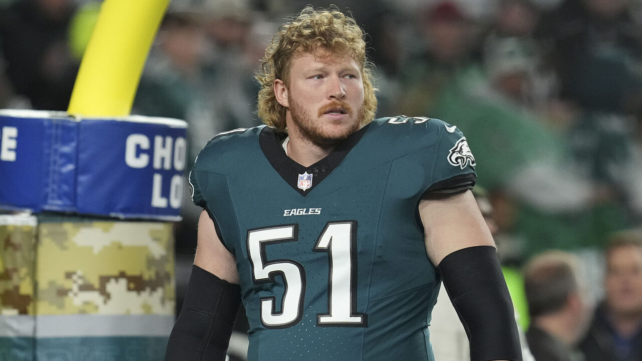 PHILADELPHIA, PENNSYLVANIA - NOVEMBER 14: Cam Jurgens #51 of the Philadelphia Eagles looks on prior to the game Washington Commanders at Lincoln Financial Field on November 14, 2024 in Philadelphia, Pennsylvania.