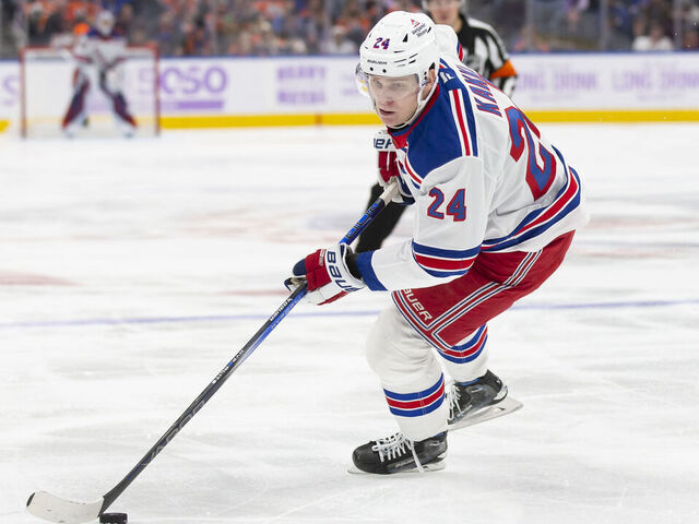 EDMONTON, CANADA - NOVEMBER 23: Kaapo Kakko #24 of the New York Rangers skates against the Edmonton Oilers during the third period at Rogers Place on November 23, 2024 in Edmonton, Canada.