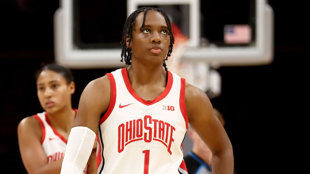 COLUMBUS, OHIO - NOVEMBER 5: Cotie McMahon #32 of the Ohio State Buckeyes and Ajae Petty #1 walk up the court during the game against the Cleveland State Vikings at Value City Arena on November 5, 2024 in Columbus, Ohio.