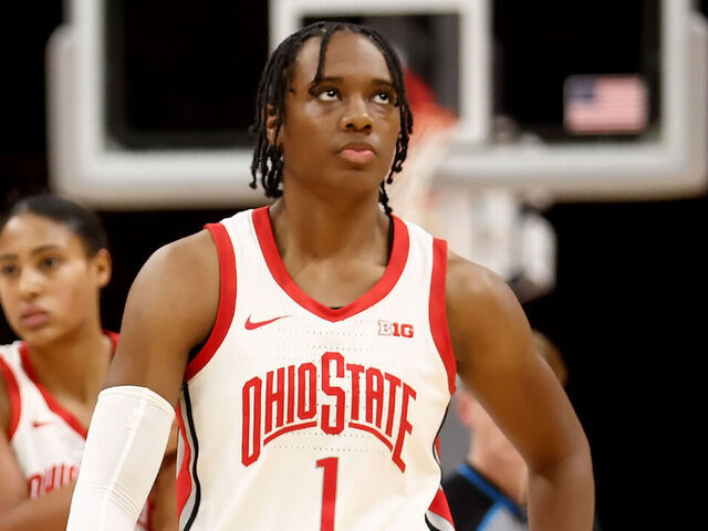 COLUMBUS, OHIO - NOVEMBER 5: Cotie McMahon #32 of the Ohio State Buckeyes and Ajae Petty #1 walk up the court during the game against the Cleveland State Vikings at Value City Arena on November 5, 2024 in Columbus, Ohio.