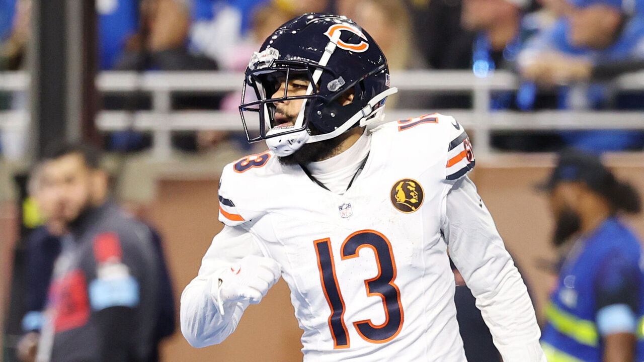 DETROIT, MICHIGAN - NOVEMBER 28: Keenan Allen #13 of the Chicago Bears reacts after a second half touchdown against the Detroit Lions at Ford Field on November 28, 2024 in Detroit, Michigan.